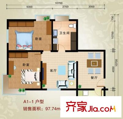 時(shí)代偉業(yè)戶(hù)型圖A2-1戶(hù)型 97.74平方米 2室2廳1衛(wèi)1廚