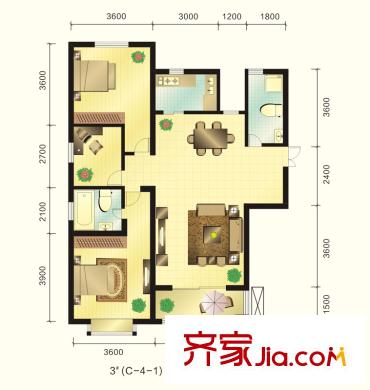 新元綠洲戶型圖3號樓C-4-1戶型 3室2廳2衛(wèi)1廚