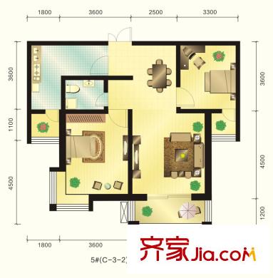 新元綠洲戶型圖5號樓C-3-2戶型 2室2廳1衛(wèi)1廚