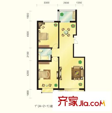 新元綠洲戶型圖1號樓A-2-1戶型  2室2廳1衛(wèi)1廚