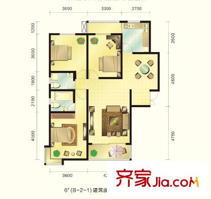 新元綠洲戶型圖6號樓B-2-1戶型 3室2廳2衛(wèi)1廚