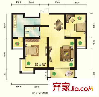 新元綠洲戶型圖6號樓B-2-2戶型 2室2廳1衛(wèi)1廚