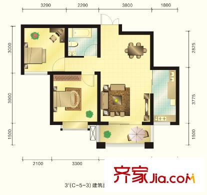 新元綠洲戶型圖3號樓C-5-3戶型 2室2廳1衛(wèi)1廚