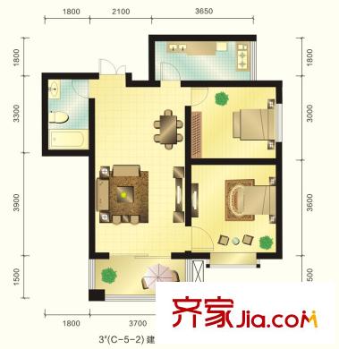 新元綠洲戶型圖3號樓C-5-2戶型 2室2廳1衛(wèi)1廚
