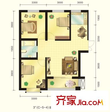 新元綠洲戶型圖3號樓C-5-4戶型 3室2廳1衛(wèi)1廚