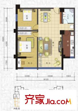 現(xiàn)代藝術(shù)家戶型圖103.19 2室2廳1衛(wèi)1廚