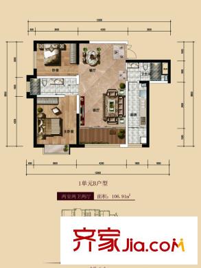 中廣宜景灣?尚城二期10#樓1單元b戶型 2室2廳2衛(wèi)1廚