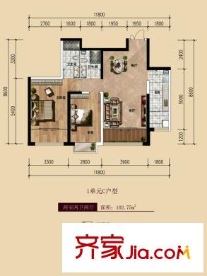 中廣宜景灣?尚城二期11號(hào)樓1單元c戶(hù)型 2室2廳2衛(wèi)1廚