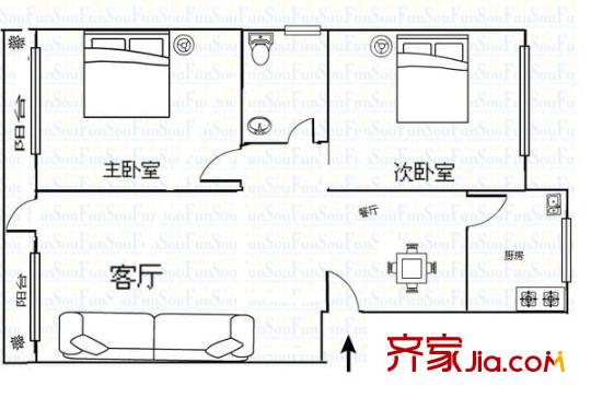 蘭州市火車(chē)站乘警大隊(duì)家屬院2室  戶(hù)型圖