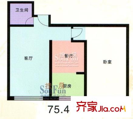 紫雅花園戶型圖75.41平方米 1室2廳1衛(wèi)1廚
