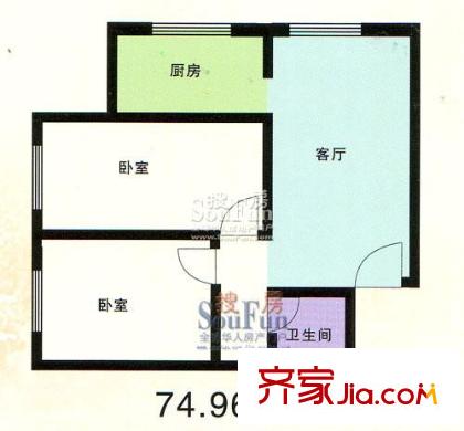 紫雅花園戶型圖74.96平方米 2室1廳1衛(wèi)1廚