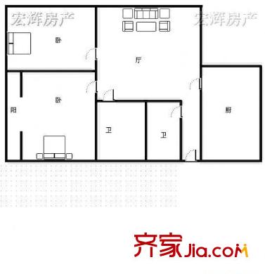 廣武門省檢察院家屬院 2室 戶型圖