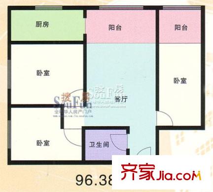 紫雅花園戶型圖96.38 3室1廳1衛(wèi)1廚