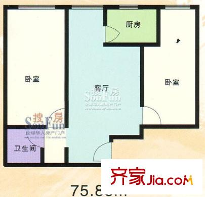 紫雅花園戶型圖75.88平方米 2室1廳1衛(wèi)1廚