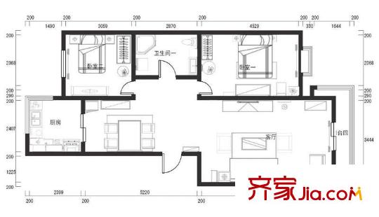 西北中學(xué)電力小區(qū)2室 戶型圖