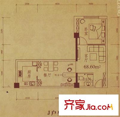 天銀大廈戶型圖J戶型68.6平方米 1室2廳1衛(wèi)1廚
