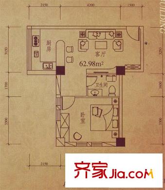 天銀大廈戶型圖A2戶型62.98平方米 1室1廳1衛(wèi)1廚
