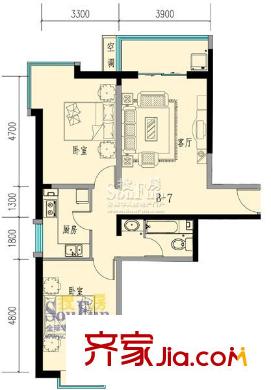 萬盛名仕佳園戶型圖B-7 106.05平方米 2室1廳1衛(wèi)1廚