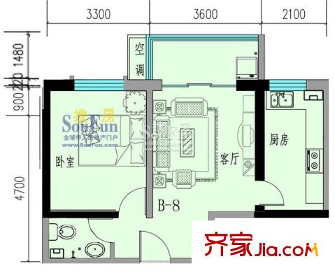 萬盛名仕佳園戶型圖B-8  64.84平方米 1室1廳1衛(wèi)1廚