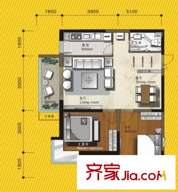 豐融逸苑戶型圖A2戶型圖 2室2廳1衛(wèi)1廚