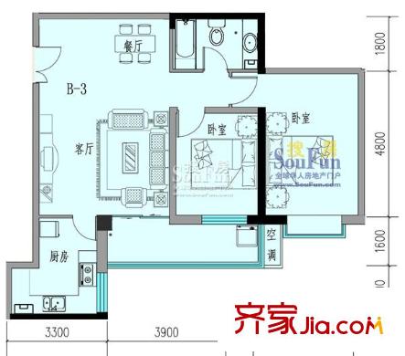 萬盛名仕佳園戶型圖B-3  104.13平方米 2室2廳1衛(wèi)1廚