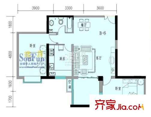 萬盛名仕佳園戶型圖B-6  116.66平方米 2室2廳1衛(wèi)1廚