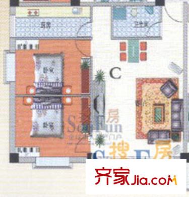 金澤嘉園戶型圖C戶型 2室2廳1衛(wèi)1廚