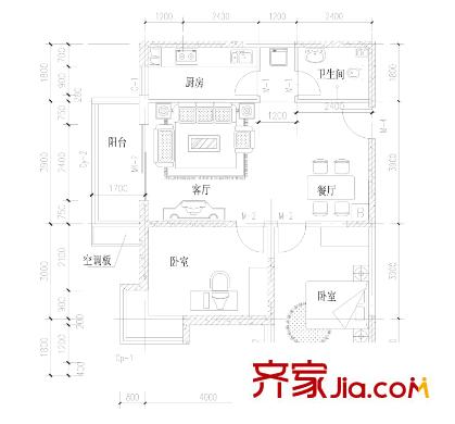 豐融逸苑戶型圖B2戶型 2室2廳1衛(wèi)1廚