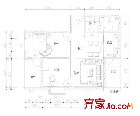 豐融逸苑戶型圖B3戶型 2室2廳1衛(wèi)1廚