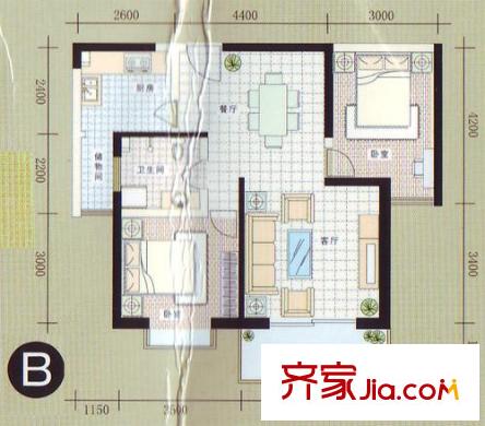 東甌逸平方米戶型圖B戶型  2室2廳1衛(wèi)1廚