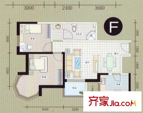 東甌逸平方米戶型圖F戶型  2室2廳1衛(wèi)1廚