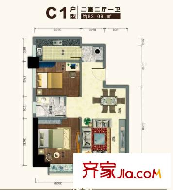 城投金色都匯戶(hù)型圖C1戶(hù)型 2室2廳1衛(wèi)1廚