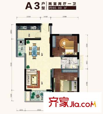 城投金色都匯戶型圖A3戶型 2室2廳1衛(wèi)1廚
