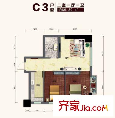 城投金色都匯戶(hù)型圖C3戶(hù)型 2室1廳1衛(wèi)1廚