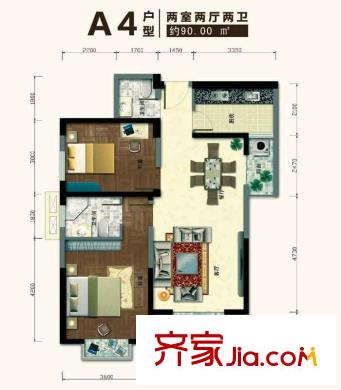 城投金色都匯戶型圖A4戶型 2室2廳2衛(wèi)1廚