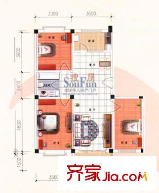 九洲城戶型圖E戶型 3室2廳1衛(wèi)1廚