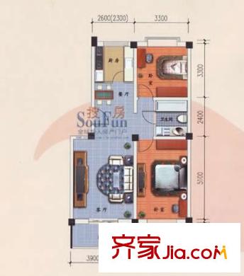 九洲城戶型圖B/C戶型 2室2廳1衛(wèi)1廚