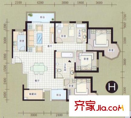 東甌逸平方米戶型圖H戶型  4室2廳2衛(wèi)1廚