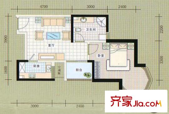 東甌逸平方米戶型圖D戶型  1室1廳1衛(wèi)1廚