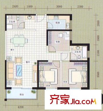 東甌逸平方米戶型圖C戶型  3室2廳2衛(wèi)1廚