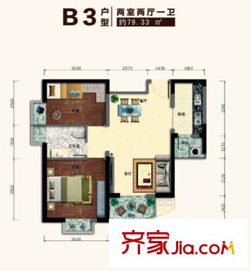 城投金色都匯戶型圖B3戶型 2室2廳1衛(wèi)1廚