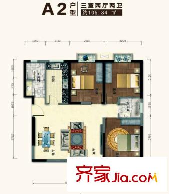 城投金色都匯戶型圖A2戶型 3室2廳2衛(wèi)1廚