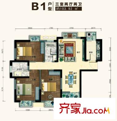 城投金色都匯戶型圖B1戶型 3室2廳2衛(wèi)1廚