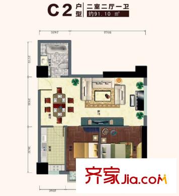 城投金色都匯戶(hù)型圖C2戶(hù)型 2室2廳1衛(wèi)1廚