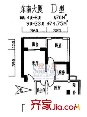 東南大廈戶型圖D型 2室2廳1衛(wèi)1廚