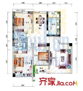 中央名筑戶型圖B2:美景大戶 3室2廳2衛(wèi)1廚