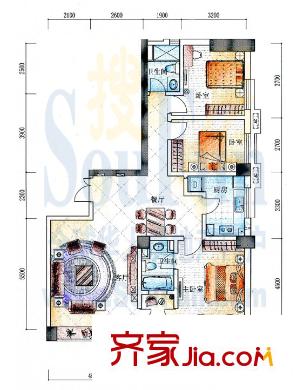 中央名筑戶型圖B3：庭院深深 3室2廳2衛(wèi)