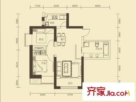 普天格蘭綠都二期2#3#4#A4戶型圖 2室2廳1衛(wèi)1廚