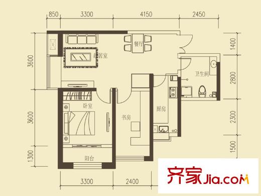 普天格蘭綠都二期7#樓F2戶型圖 2室2廳1衛(wèi)1廚
