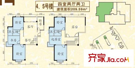 康樂花園戶型圖4、5號(hào)樓西把頭復(fù)式 209.59平方米 4室2廳2衛(wèi)1廚